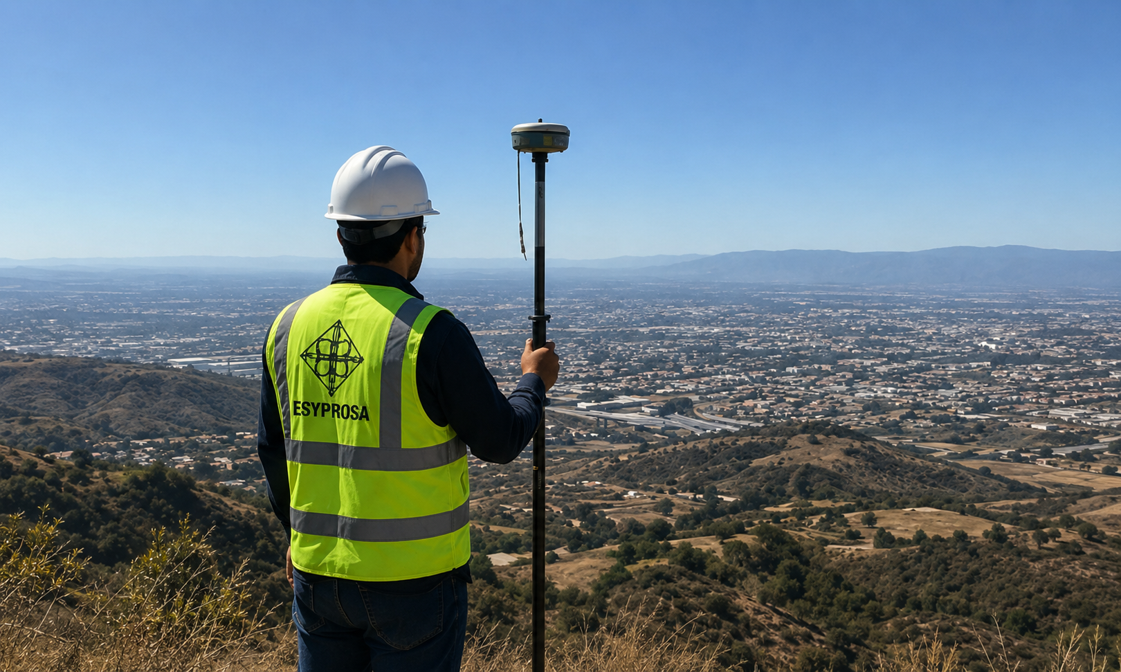 Topógrafo de Esyprosa con receptor GNSS en un levantamiento en Guanajuato