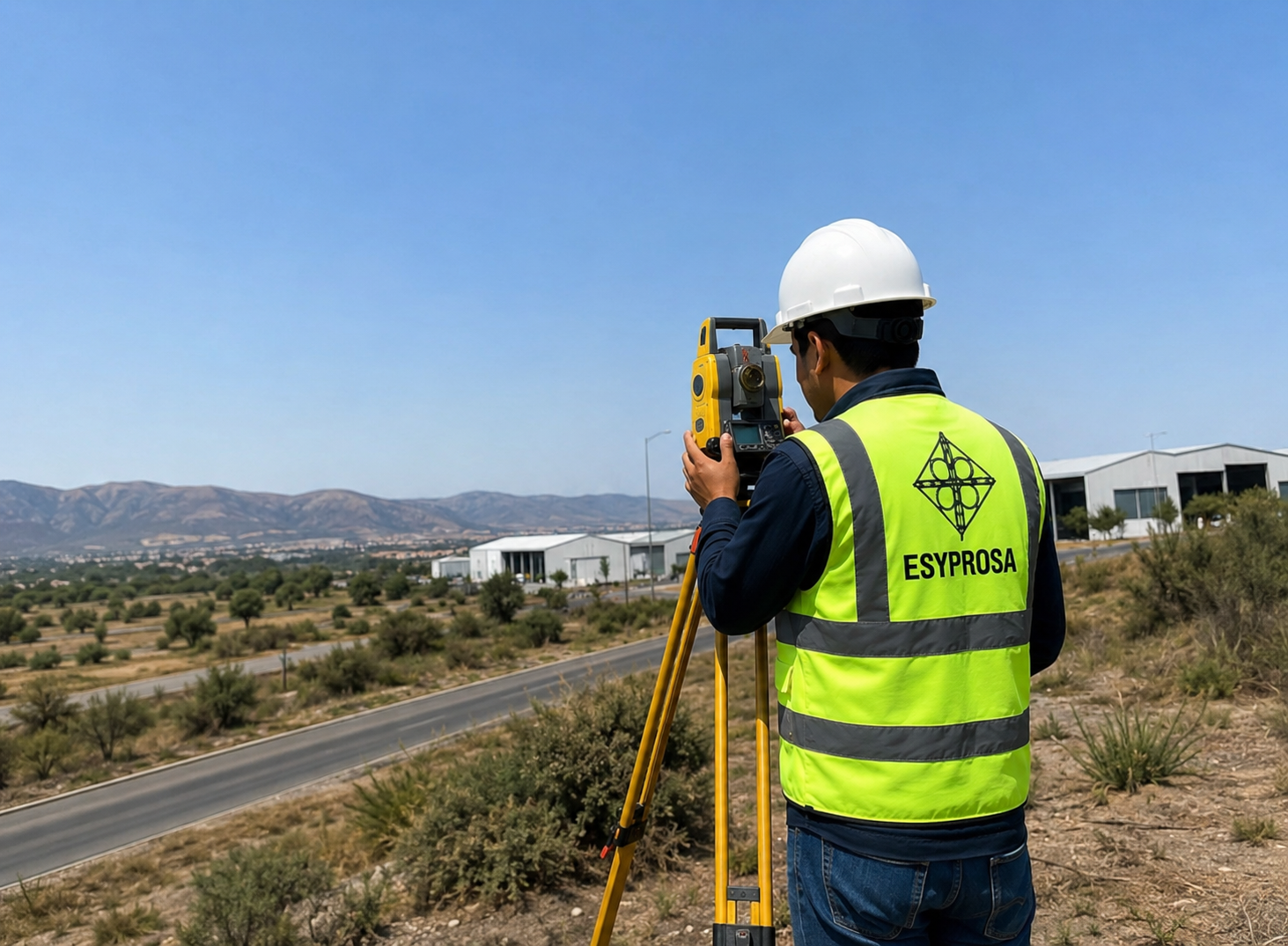 Topógrafo de Esyprosa midiendo con estación total junto a una zona industrial